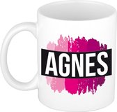 Agnes  naam cadeau mok / beker met roze verfstrepen - Cadeau collega/ moederdag/ verjaardag of als persoonlijke mok werknemers