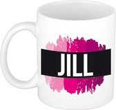 Jill naam cadeau mok / beker met roze verfstrepen - Cadeau collega/ moederdag/ verjaardag of als persoonlijke mok werknemers