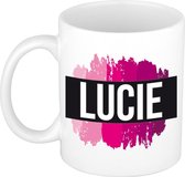 Lucie  naam cadeau mok / beker met roze verfstrepen - Cadeau collega/ moederdag/ verjaardag of als persoonlijke mok werknemers