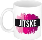 Jitske naam cadeau mok / beker met roze verfstrepen - Cadeau collega/ moederdag/ verjaardag of als persoonlijke mok werknemers