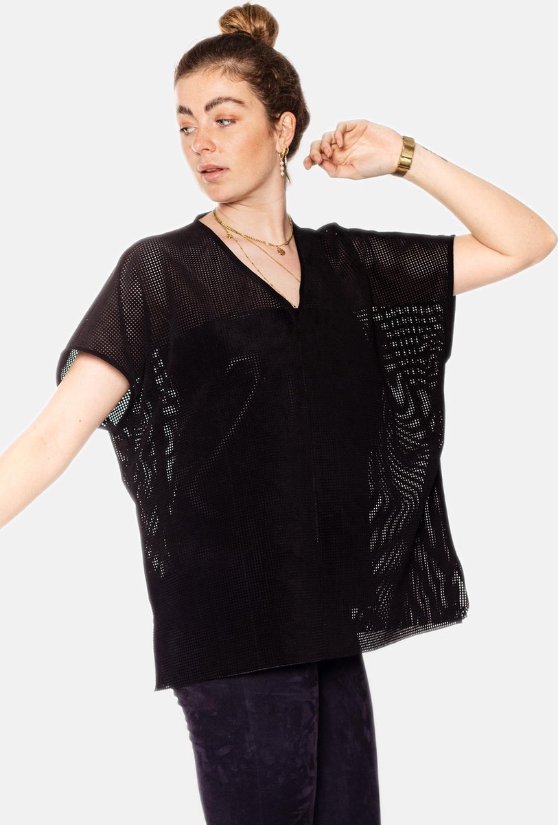 RILEY OVERSIZED SUEDE LEREN BLOUSE - ZWART - MAAT 3XL (46)