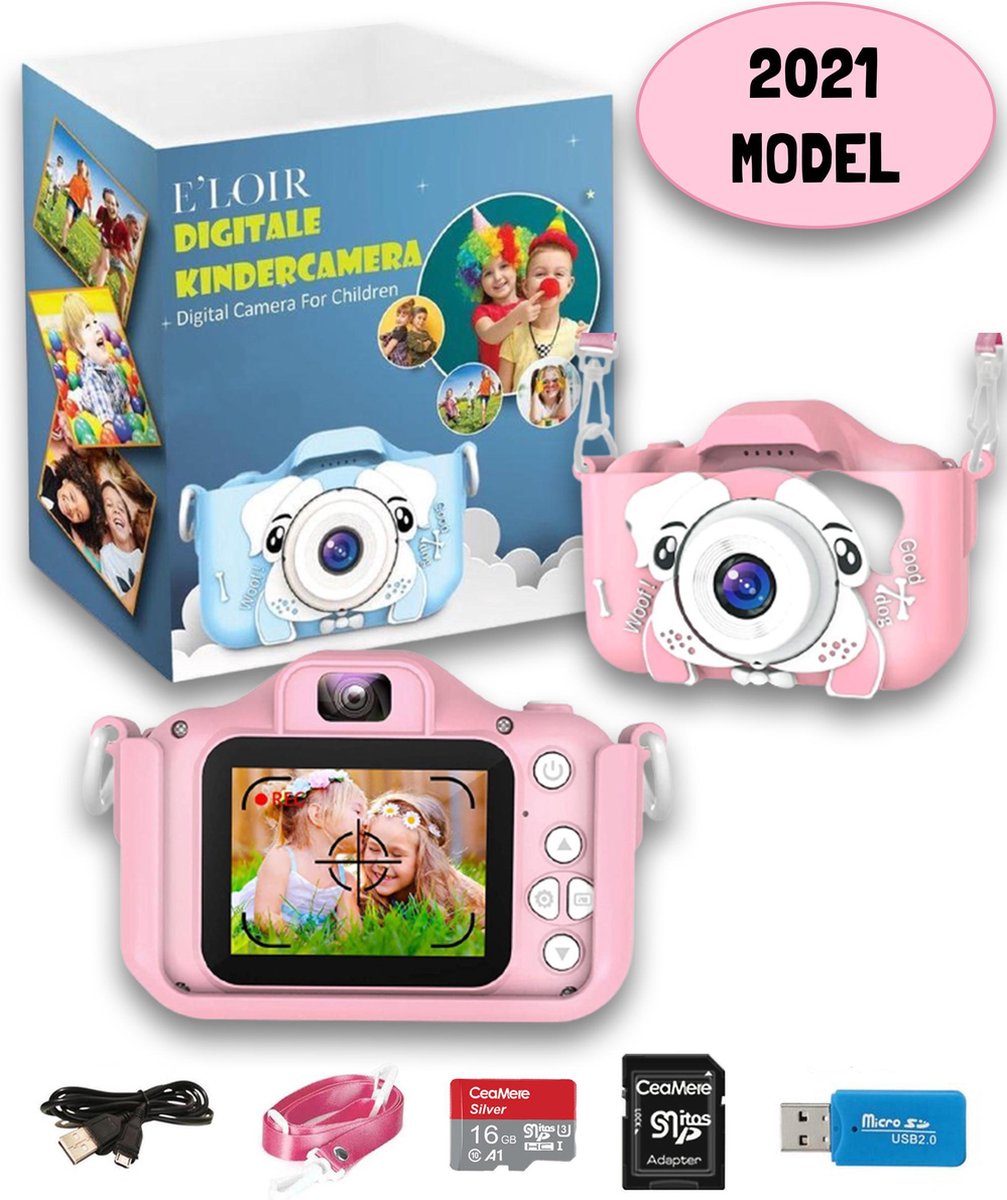 E'loir Digitale Kindercamera inclusief Micro SD Kaart 16GB en Adapter - Compact Fototoestel voor Kinderen - 1080p HD - Vlog Camera - Roze - E'loir