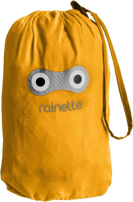 Opgevouwen gele regenponcho met 'ogen' en Rainette logo.