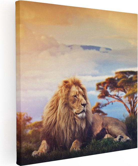 Artaza Canvas Schilderij Leeuw Tijdens Zonsondergang - 50x50 - Foto Op Canvas - Canvas Print