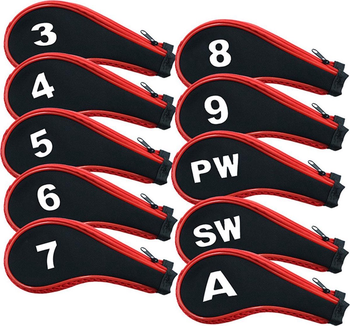 Golfclub covers - set van 10 - zwart met rood - ijzers - met rits - XD-Xtreme - Golffmaniac