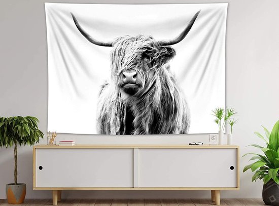 Ulticool Wandkleed 200x150 cm – Schotste Hooglander Koe Zwart Wit – Met Bevestigingspinnen - voor Binnen - Aesthetic Room Decor Wandtapijt Decoratie Poster Boho Wanddoek Slaapkamer Natuur Schilderij Canvas - Vrouw Man Tiener Meisje