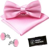 Fako Fashion® - Vlinderstrik, Pochette & Manchetknopen - Vlinderdas - Strikje - Pochet - Satijn - Roze