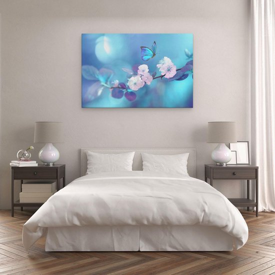 Artaza - Peinture sur toile - Papillon bleu avec une Bloem rose - 120 x 80 - Groot - Photo sur toile - Impression sur toile