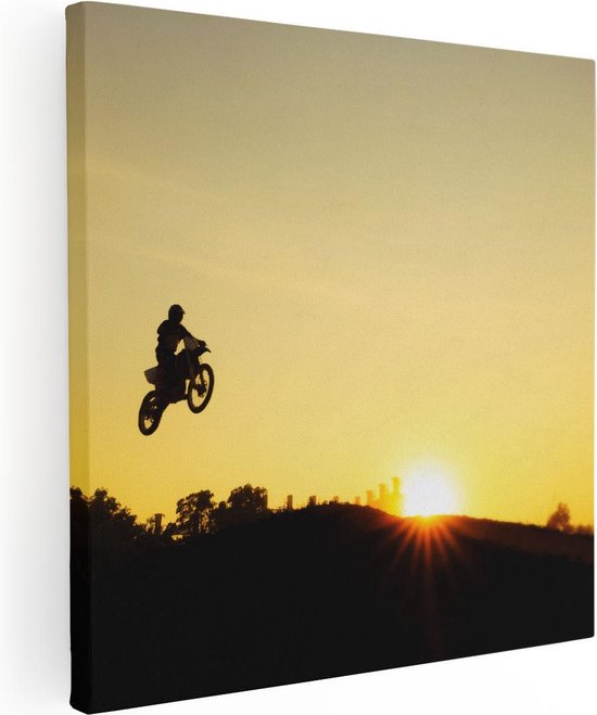 Artaza Canvas Schilderij Silhouet Van Een Motorcross Bij Zonsondergang - 90x90 - Groot - Foto Op Canvas - Canvas Print