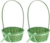 2x stuks rieten mandjes groen rond met hengsel 39 cm - Opbergen -  Decoratie manden gevlochten riet