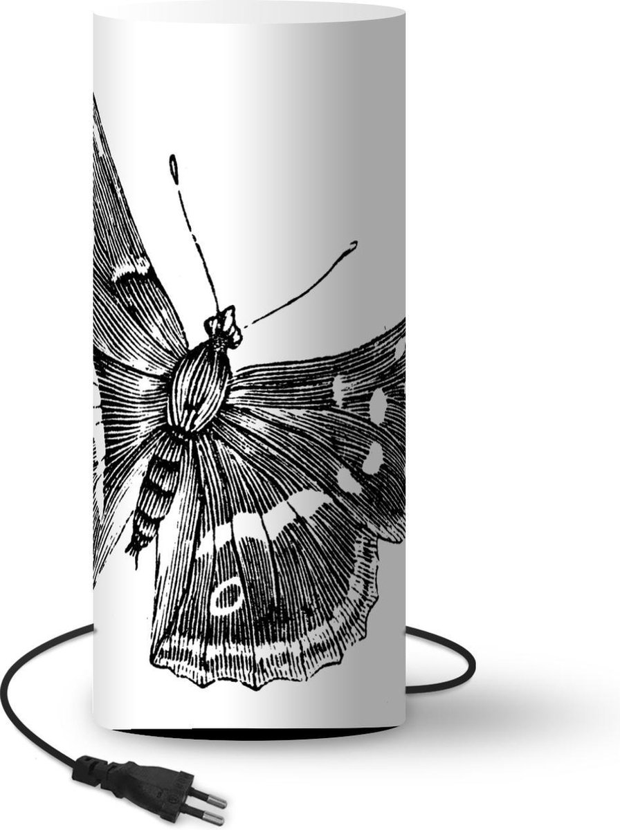 Lamp - Nachtlampje - Tafellamp slaapkamer - Een zwart-wit illustratie van een vlinder - 54 cm hoog - Ø22.9 cm - Inclusief LED lamp