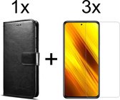 Xiaomi Poco M3 hoesje bookcase met pasjeshouder zwart wallet portemonnee book case cover - 3x Xiaomi Poco M3 screenprotector