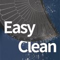 Een deel van een lichtgrijze, halfronde deurmat wordt opgetild, waarbij water en vuil eronder vandaan vallen. De tekst 'Easy Clean' staat groot in beeld.