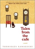 Couverture du livre 'Tales from the cafe' avec une chaise, un chat, et diverses horloges sur fond jaune.