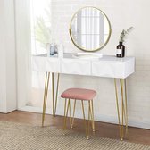 Luxury Buy® kaptafel- make-up tafel- 360° draaibare make-up spiegel, met 3 lades, gevoerde fluwelen kruk, 3D-effectblad, wit goud