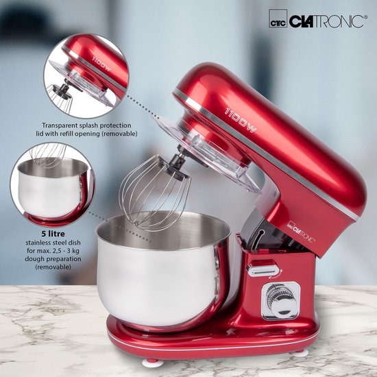 Clatronic KM 3712 krachtige kneedmachine incl. transparant spatdeksel met navulopening, 1100 watt, 5 liter, draaibare multifunctionele arm, rood van Clatronic — afbeelding 3