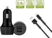 PowerCharge 2.4A Autolader USB Oplader Auto met USB-C Kabel - Sigarettenaansteker Auto Lader Adapter Dubbele USB Poort -Geschikt voor Oneplus 2/3/3T/4/5/5T/6/6T/7/7 Pro/7T/Nord/ Nord CE /N10 