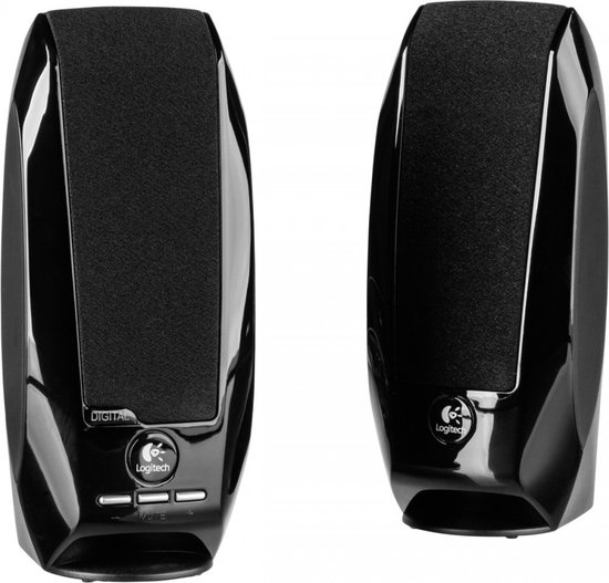 Paar zwarte Logitech speakers, de linker met stoffen voorkant, de rechter met "DIGITAL" logo.