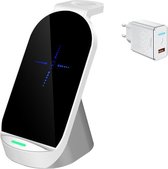 DrPhone QW2 – 3 in 1 Draadloze lader – Dock - 15W + QC Adapter -Geschikt voor IOS Smartphones iOS iPhone Smartwatch 38 t/m 45mm & iOS 2/PRO TWS Oordoppen – Wit