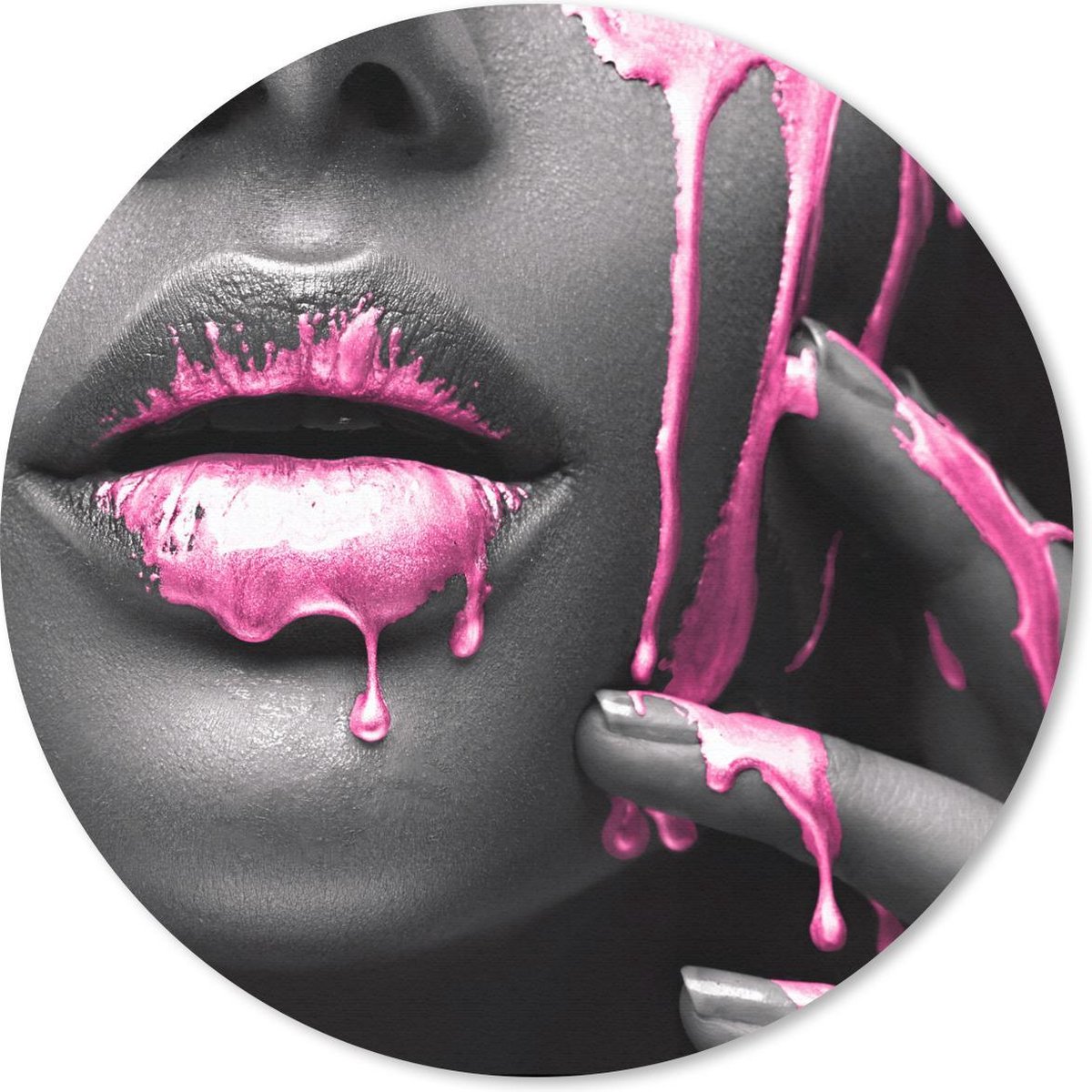 Muismat - Mousepad - Rond - Lippen - Roze - Zwart - 50x50 cm - Ronde muismat