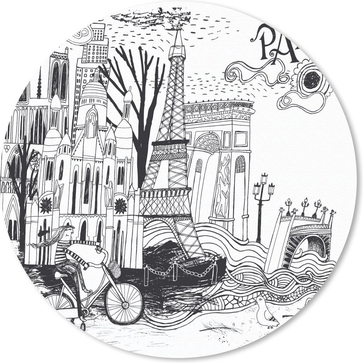 Muismat rond 40x40 cm - Mousepad Parijs - Tekening - Zwart - Ronde muismatten
