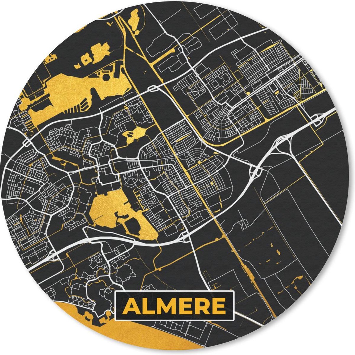 Muismat - Mousepad - Rond - Stadskaart - Almere - Goud - Zwart - 50x50 cm - Ronde muismat - Plattegrond