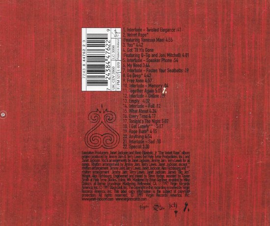 Achterkant van de cd-hoes met tracklisting en barcodes. Titel 'The Velvet Rope'.