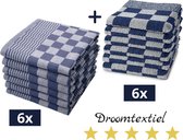 Droomtexiel® Horeca Kwaliteit Katoenen Theedoeken & Keukendoeken set - 6x Theedoeken + 6x Keukendoeken - Blauw Wit -