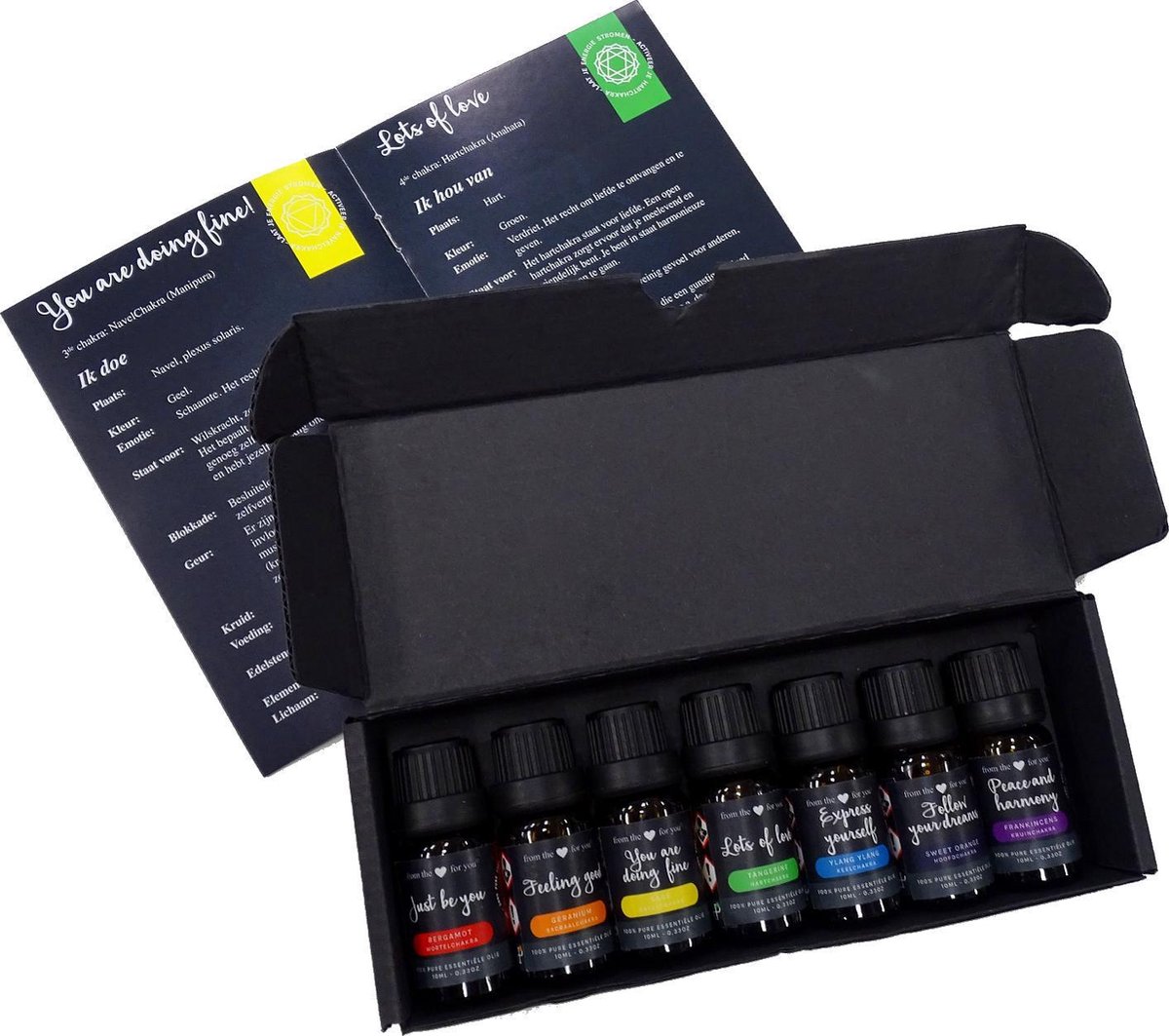 Goedkoopste 100 essentiële olie set - 7 chakra's - incl. chakra boekje - in zwart geschenkdoosje