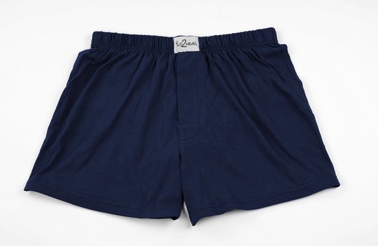 Nachtblauwe, wijde boxershort voor heren met elastische tailleband en knoop.
