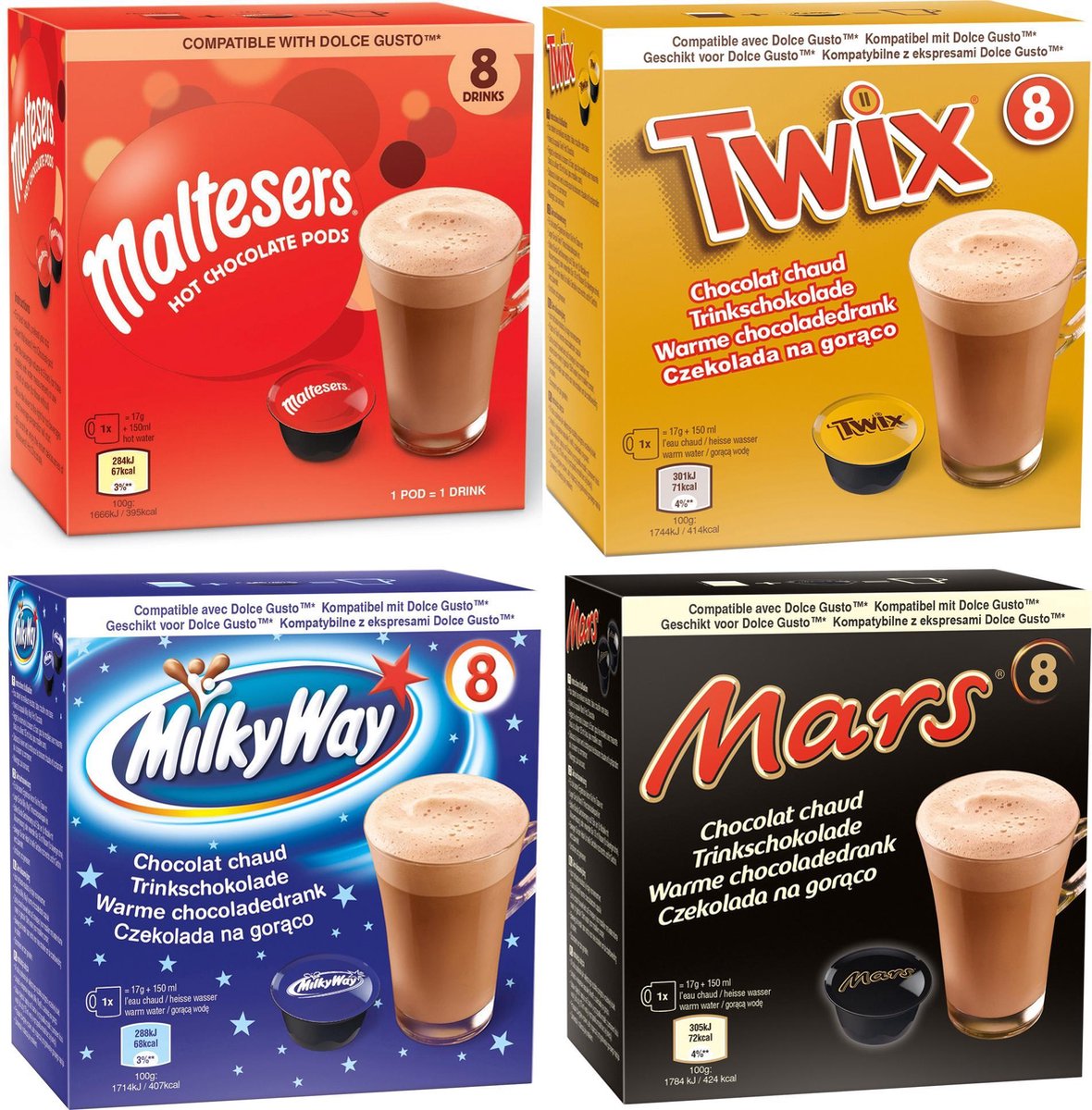 Paquet d'échantillons Mars Twix Milky Way Maltesers Chocolat chaud Dolce  Gusto 4x8 pièces | bol