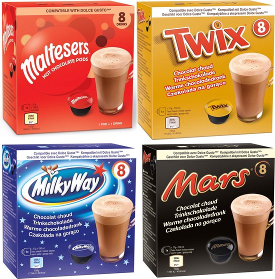 Proefpakket Mars Twix Milky Way Maltesers Warme Chocolade Dolce Gusto 4x8 stuks cadeau geven