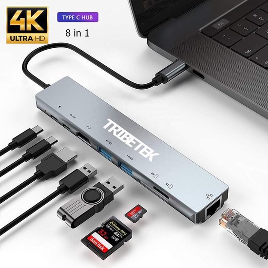 TribeTek 8-in-1 USB-C Hub - 2x USB 3.0 - 4K UHD HDMI - Adapter - Ethernet - SD TF Kaart - Power Delivery /Apple Macbook Pro / Air / iMac / Mac Mini / Google Chromebook / Windows / HP / ASUS / Lenovo -  Output - Dock