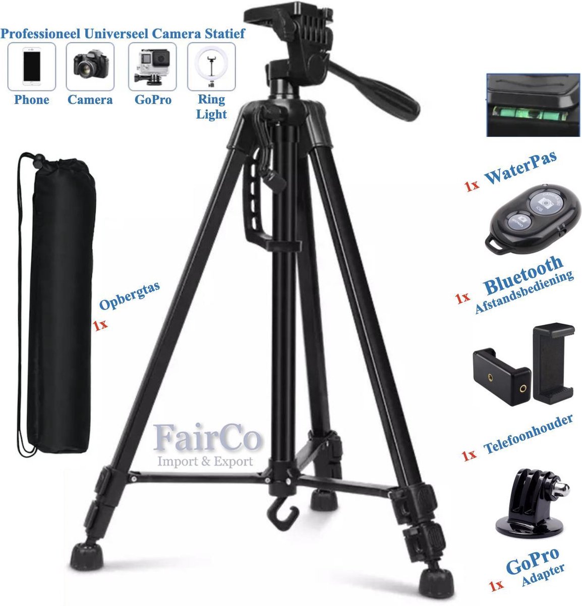 Professionele Universeel Camerastatief Voor Fotocamera en Smartphone Incl. Waterpas, Handgreep, Handel, Opbergtas, Bluetooth afstandsbediening en GoPro Adapter - Tripod - Smartphone Statief Model 3366 - Fairco