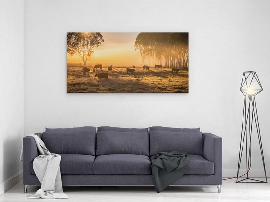 Artaza - Peinture sur toile - Troupeau de vaches dans le pâturage avec lever de soleil - 120 x 60 - Groot - Photo sur toile - Impression sur toile
