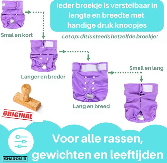 Illustratie hoe het loopsheidbroekje verstelbaar is in lengte en breedte met drukknopjes. Voor alle rassen.