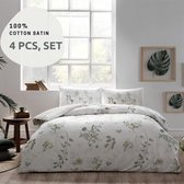 Linens - Delfina Eucalyptus, Dekbedovertrek ( Set van 4) 200x220 cm, Green, 100% Katoensatijnen, dekbedovertrek +beddenlaken +kussensloopen, Tweeperson | Fienzi