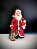 Kerstman pakje zak blauw lint 50 cm hoog - polyester - polyresin - polystone - kunststof - decoratiefiguur - interieur en tuin - geschikt voor binnen en buiten - cadeau - geschenk - kerstcoll