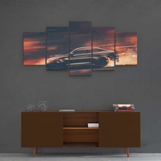 Artaza Canvas Schilderij Vijfluik Zwarte Sportwagen Auto Met Vlammen - 100x50 cm - Wanddecoratie Woonkamer - Schilderijen - Muurdecoratie