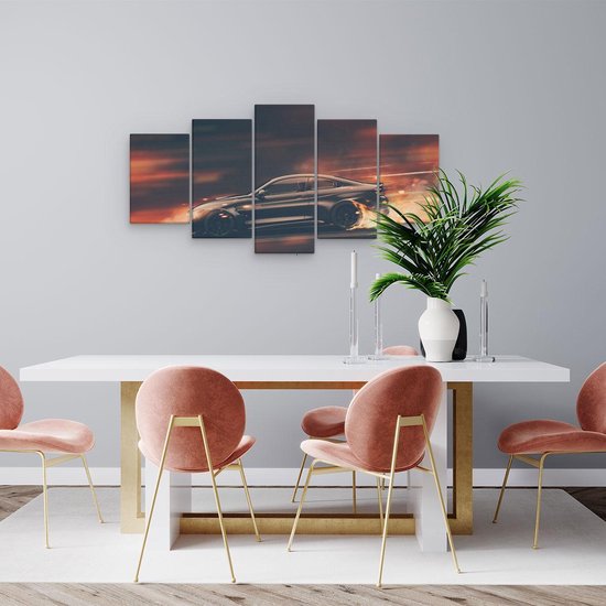 Artaza Canvas Schilderij Vijfluik Zwarte Sportwagen Auto Met Vlammen - 100x50 cm - Wanddecoratie Woonkamer - Schilderijen - Muurdecoratie
