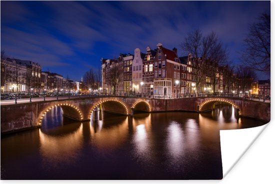 Keizersgracht Amsterdam bij nacht Poster 120x80 cm - Foto print op Poster (wanddecoratie woonkamer / slaapkamer)