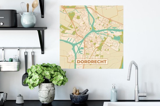 Carte murale de Dordrecht avec routes et voies navigables en orange, vert et beige.
