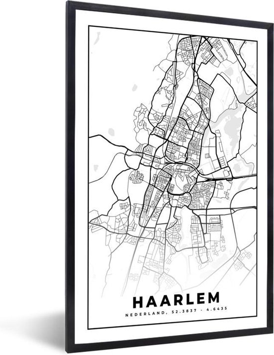 Affiche avec cadre Carte - Haarlem - Zwart - Wit - 60x90 cm