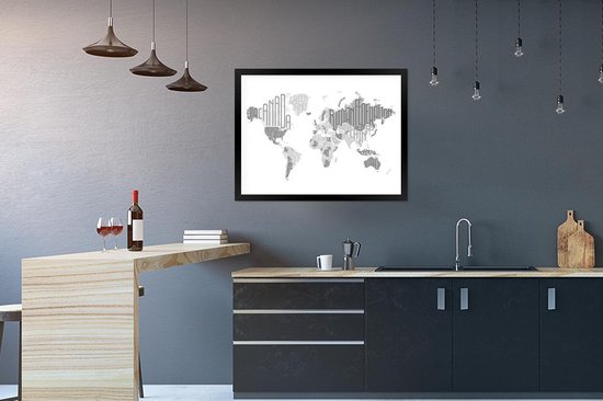 Affiche avec cadre Wereldkaart - Lettres - Grijs - 80x60 cm