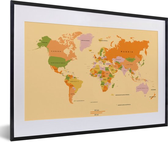 Fotolijst incl. Poster - Wereldkaart - Kleurrijk - Trendy - 60x40 cm - Posterlijst