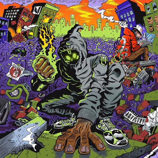 Couverture Denzel Curry, Kenny Beats Unlocked: personnage à capuche grise, lueur verte, avec fond urbain.