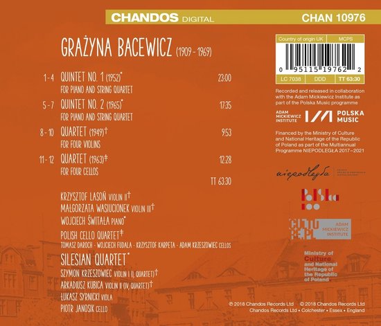 Albumhoes met tekst over Grażyna Bacewicz, inclusief tracklist en artiesten. Goudkleurig met oranje achtergrond.