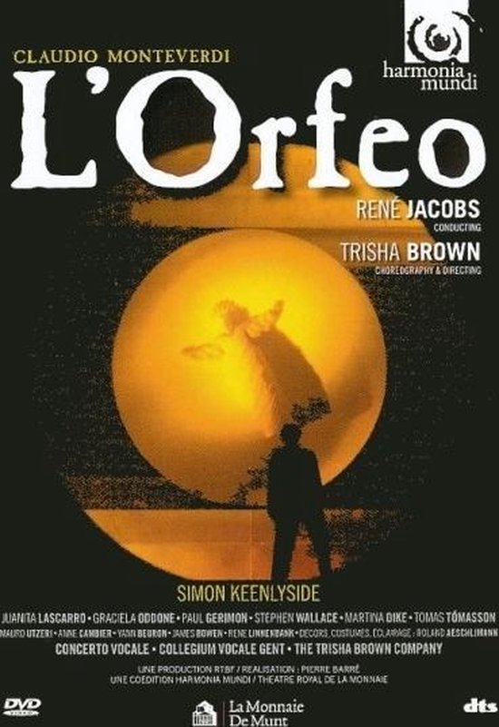 L'Orfeo DVD-hoes met een silhouet van een man die naar een grote gele bol kijkt met een figuur erin.