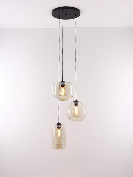 EEF hanglamp - rond - 3xE27 - amber glazen hangers - 185cm - mat zwart afgewerkt