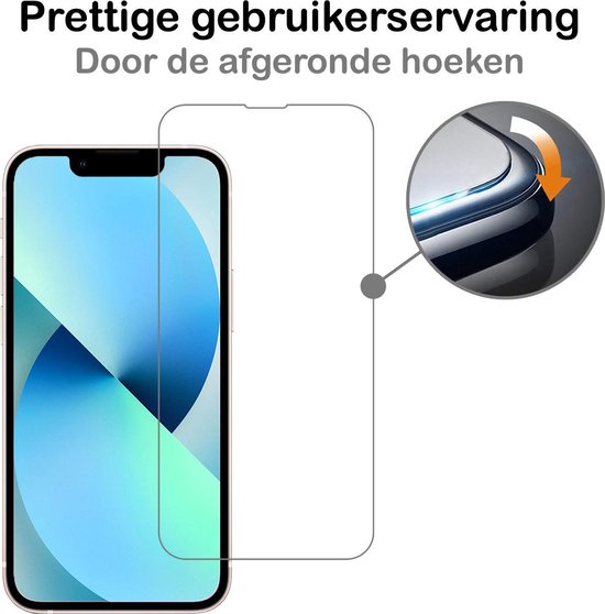 iPhone 13 Mini met screenprotector, met uitleg over afgeronde hoeken
